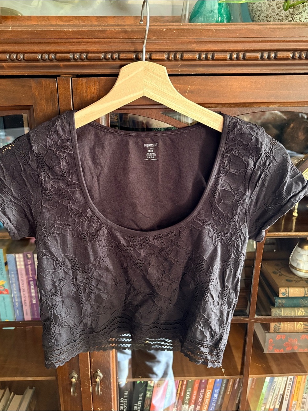 Aerie Super Chill Black Floral Lace Bodycon Crop Top